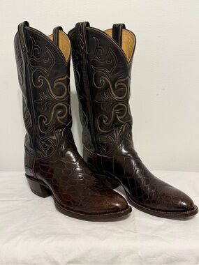 Tony Lama Dark Brown Croc-Embossed Leather Cowboy Boots